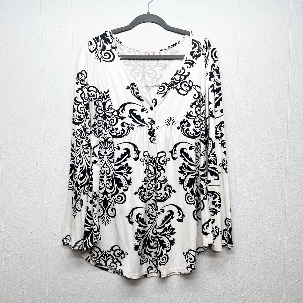Halife Floral Black & White Babydoll Top Womens XXL Soft Stretch Modest Feminine
